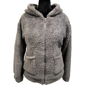 Gray Sherpa Teddy Jacket — Oversized Zip-Up Hoodie Fleece — Size L